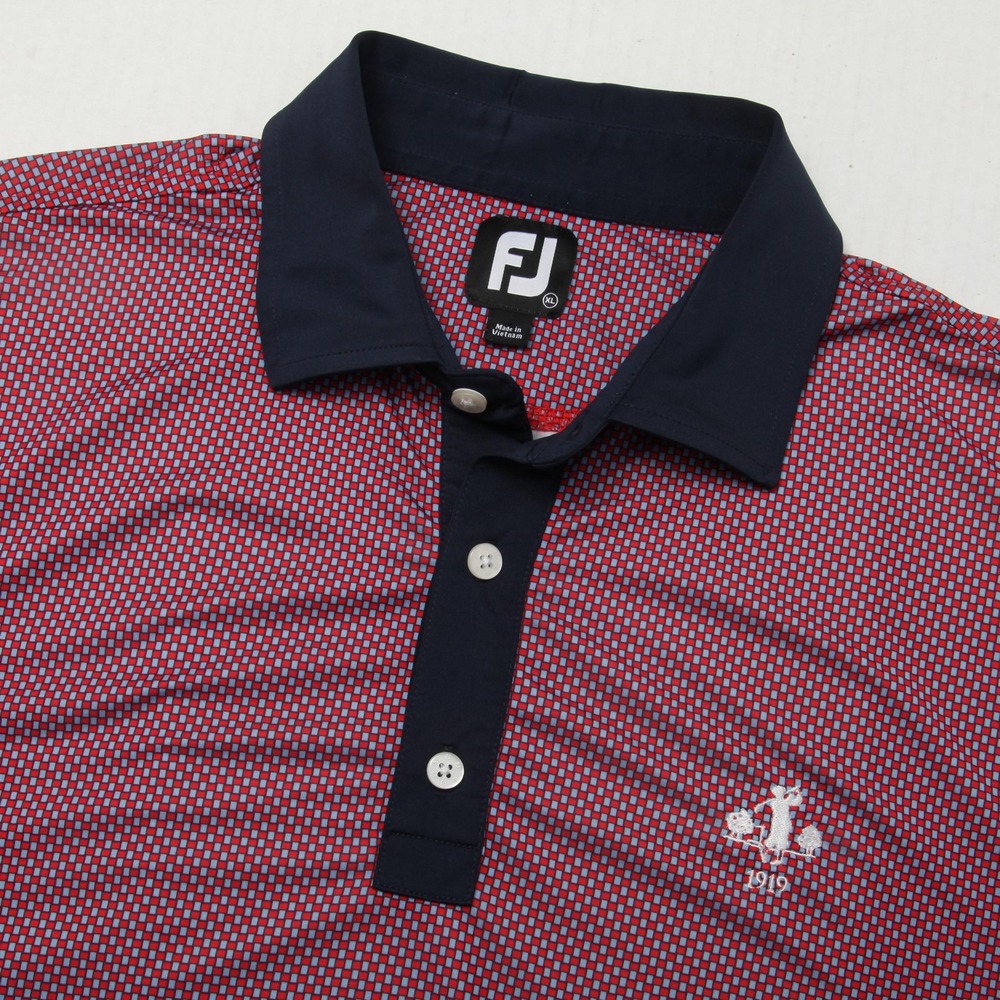 FootJoy Polo Shirt Mens XL Red Blue Geometric Print Golf Midland Hills CC Logo